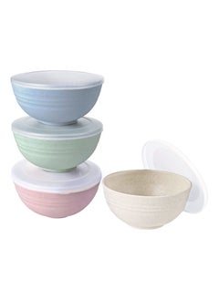 Buy Wheat Straw Cereal Bowls, Soup Bowl with Dust-Proof Lid, 4 Pieces Wheat Straw Bowls, Microwave and Dishwasher Safe Reusable Bowls Set, for Soup, Oatmeal, Ramen, Salad in UAE