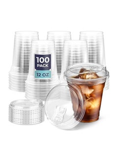 Buy Set of single use plastic cups with 12 ounce eco friendly lids for iced coffee  juices soda drinks and cafe basics 100 pieces in Saudi Arabia