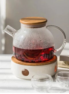 Buy Tea Pot With Burner Base 2 Pcs Set Glass Kettle Glass Pitcher Bamboo Lid Heat-Resistant Borosilicate Glass Set in UAE