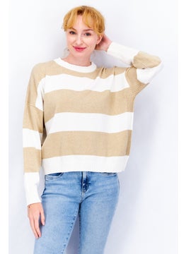 اشتري Women Crew Neck Long Sleeve Stripe Sweatshirt, White/Beige في الامارات