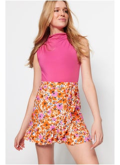 Buy Orange Printed Ruffle High Waist Mini Stretch Knitted Skirt TWOSS21ET0010 in Egypt