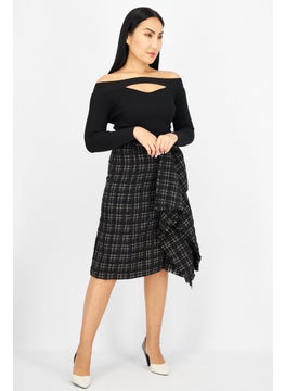 Buy Women Checkered Long Sleeve Midi Casual Dress, Black in UAE