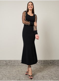 Buy Mesh Floral Embroidered Sleeve Sheath Maxi Dress in Saudi Arabia