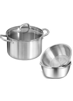 اشتري Stainless Steel Stockpot sauce pot with Glass Lid Deep Cooking Pot-With A Stainless Steel Mixing Bowl and a water filter basin(7L) في الامارات