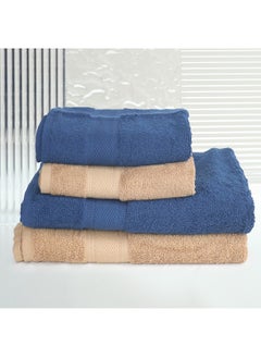 Buy 4 Piece Bathroom Towel Set NEW GENERATION 450 GSM 100% Cotton Terry 2 Bath Towel 70X140 cm & 2 Hand Towel 50x90 cm Blue & Brown Color Soft Feel Super Absorbent in UAE