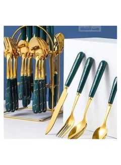 Buy Imported stainless steel dinner set, 24 pieces, with marble handle and gold stand - dark green in Egypt