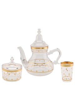 Buy 10-Piece Glass Tea Pot Set Clear/Gold, Serve for 6 in Saudi Arabia