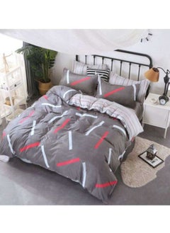 اشتري 4-Piece Striped Printed Duvet Cover Set Polyester Grey/White/Red في السعودية