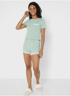 Buy Ribbed Pyjama Short Set With Lace Trim in Saudi Arabia