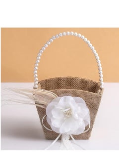 Buy Flower Girl Basket, Rustic Basket Burlap Jute with Pearl Handle For Vintage Wedding Ceremony in Saudi Arabia