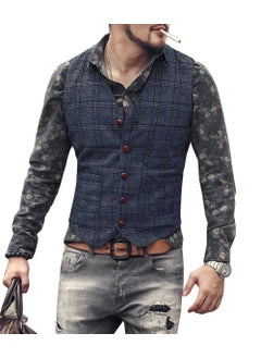 اشتري Mens suit vest cross-border preferred Plaid casual vest groom best man slim vest Navy blue في السعودية