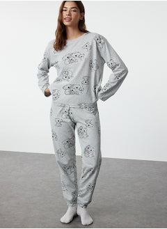 Buy Gray Melange Cotton Animal Pattern Knitted Pajama Set THMAW25PT00020 in Egypt