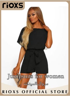 Buy Women's Elegant High Waisted Belted Jumpsuit Solid Trendy Short Sleeve One Piece Playsuit With Shorts in UAE