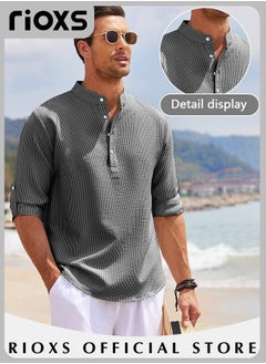 Buy Men's Waffle Long Sleeve Henley Shirts Casual Button Down Beach Pullover Tops for Daily Wear in Saudi Arabia