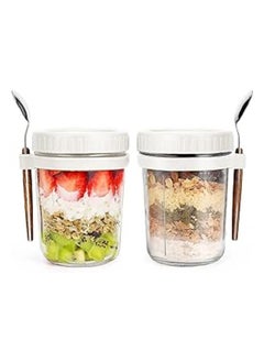 Buy Overnight Oats Jars with Lid and Spoon, 2PCS 350ml Large Capacity Airtight Oatmeal Container with Measurement Marks, Wide Mouth Portable Jars Breakfast Container for Salads Yogurt Cereal Milk in UAE