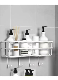 Buy 1-Piece Bathroom Rack Shower Shampoo Organizer Wall Mounted Storage Rack And Hooks White 27x10x10 Centimeter in UAE