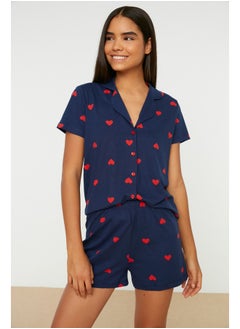 Buy Navy Blue 100% Cotton Heart Patterned Shirt-Shorts Knitted Pajama Set THMSS21PT0756 in Egypt