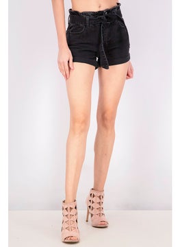 Buy Women High Waist Belted Denim Short, Black in UAE