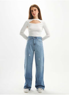 Buy High-Waist Light Wash Degrade Ripped Straight Wide Leg Jeans. in Saudi Arabia