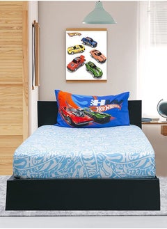 اشتري 2-Piece 144TC Poly Cotton Printed Super Soft Quality Kidz Klub Hot Wheel Fitted Bedsheet Single Set Includes 1xFitted Bed Sheet 120 x 200cm+25cm, 1xPillowcase 50x75cm في الامارات