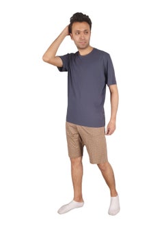 Buy Men Summer Pajama Set Printed Top & Plain Short -Dark Grey in Egypt