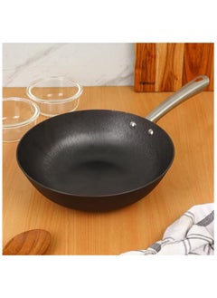 اشتري Preseasoned Cast Iron Fry Pan, Wok Of 28cm Diameter With Tough Handle Non Toxic And Coating Free-1 Pc, Black في الامارات