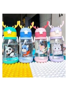 Buy Acrylic water bottle for children with a cartoon print and a large deer antler, portable, break-resistant, with a straw and a belt, used in outdoor activities, camping, school and trips, capacity of 600 ml, healthy (multi-colored) in Egypt