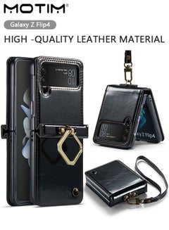 Buy Phone Case Compatible with Samsung Galaxy Z Flip 4, Leather Shockproof Protective Kickstand Ring Holder Galaxy Z Flip 4 Slim Thin Cover with Hand Strap in UAE