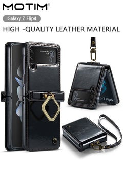 Buy Phone Case Compatible with Samsung Galaxy Z Flip 4, Leather Shockproof Protective Kickstand Ring Holder Galaxy Z Flip 4 Slim Thin Cover with Hand Strap in UAE