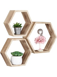 Buy Hexagon Wall Mounted Hanging Shelves, Wooden 3 Piece Hanging Shelf Beige in Saudi Arabia