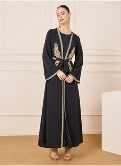 Buy Gold Lace Trim Kaftan with Tie Up Belt in Saudi Arabia