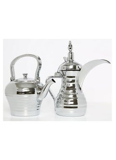 Buy A thinner set for tea and coffee made of stainless steel with a capacity of 1.2 liter coffee pot and 1.6 liter tea pot a set of tea pot and Arabic coffee pot in chrome and golden (silver) in Saudi Arabia