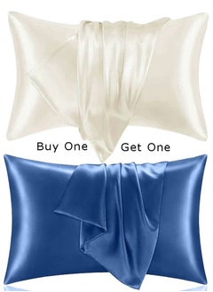 Buy Buy one Get one,Snooze Satin Pillowcase for Hair and Skin, 48,70 cm (Off-white & Blue) in Egypt