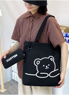 اشتري Lovely Bear Printed Student Shoulder Bag Portable Large Capacity Bookbag Foldable Tote Canvas Bag with Pencil Pouch Black في الامارات