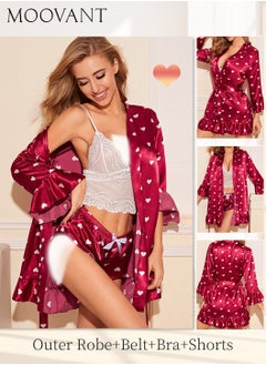 Buy 4-Piece Women's Pajamas Nightwear Set Love-heart Printing Home Wear Clothes Suits Sleepwear Silk Satin Bathrobe Set Ladies Lingerie Robe Belt Underwear Panties Suits Red in Saudi Arabia