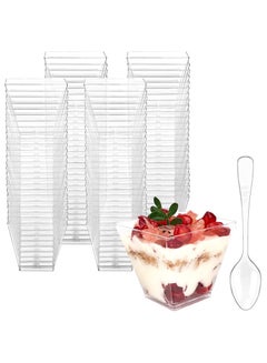 Buy 50 Pack 2 oz /60ml Mini Dessert Cups with Spoons, Square Clear Plastic Appetizer Cups, Reusable Parfait Cups, Small Dessert Bowls for Serving Fruit Ice Cream Pudding Yogurt in UAE