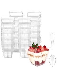 Buy 50 Pack 2 oz /60ml Mini Dessert Cups with Spoons, Square Clear Plastic Appetizer Cups, Reusable Parfait Cups, Small Dessert Bowls for Serving Fruit Ice Cream Pudding Yogurt in UAE