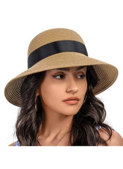 اشتري Sun Straw Hat for Women with Wind Lanyard Wide Brim Foldable Beach Summer Hats Womens UV 50+ Protection Bowknot Cap (Khaki) في الامارات