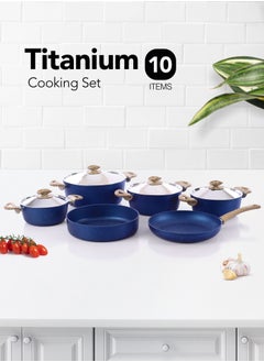 Buy Granite Coated Pots And Pans Cookware Set With Non-Stick Surfaces, Bakelite Handles,  Stainless Steel Lids, PFOA Free, Titanium 10-Piece Set - BLUE in Saudi Arabia