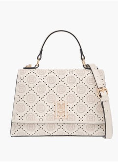 Buy Monogram Embroidered Satchel Bag with Detachable Strap and Flap Closure in UAE