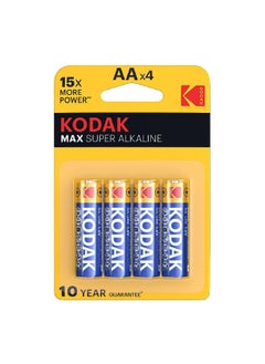 Buy 4-Piece Max Long Lasting Super Alkaline AA Pencil Battery Blue and Yellow 2.5 x 14.4 x 12.4 cm KOD006 in Saudi Arabia