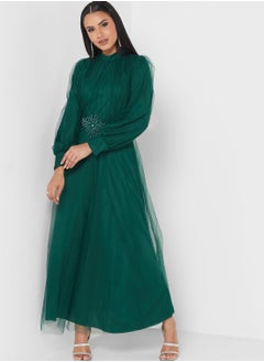 Buy Embroidered Waist Tulle Dress in UAE