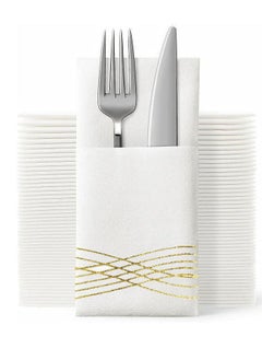 Buy 50 PCS Disposable Cloth Like Napkins, Folded Premium Thick Paper Napkins Build in Flatware,Printing Disposable Paper Pocket for Dinner Bathroom Events or Party in Saudi Arabia