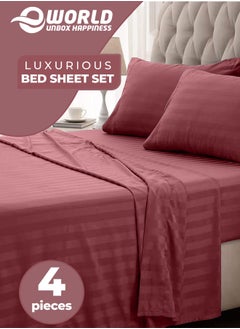 Buy 4-Piece Luxury King Size Maroon Striped Bedding Set Includes 1 Duvet Cover (220x240cm), 1 Fitted Bed Sheet (200x200+30cm), and 2 Pillow Cases (48x74+5cm) for Ultimate Hotel-Inspired Sophistication in UAE