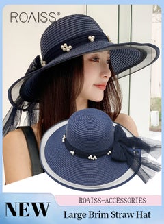 اشتري قبعة واسعة ذات حافة للشمس، واقي شمس قابل للطي، مزينة بشريط من خيوط اللؤلؤ وعقدة، قبعة قش صيفية للنساء باللون الأزرق الداكن للشاطئ في الامارات