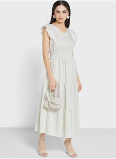 Buy Ruched Ruffle Sleeve Dress in Saudi Arabia