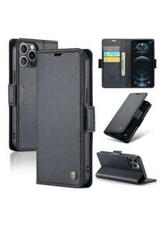 Buy Flip Wallet Case For Apple iPhone 12 Pro Max, [RFID Blocking] PU Leather Wallet Flip Folio Case with Card Holder Kickstand Shockproof Phone Cover (Black) in UAE
