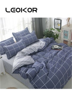 Buy 4-Piece Fashion Simple Lattice Printed Duvet Cover Comforter Set Cotton Blue/White 200x230cm in Saudi Arabia