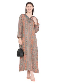 Buy UNIQUE PRINTED LONG SLEEVES WITH NECK EMBROIDERED ARABIC KAFTAN JALABIYA DRESS in Saudi Arabia