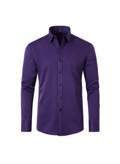 Buy Men's Elastic Long Sleeve Shirt Solid Youth Wear Non iron Dark Purple in Saudi Arabia